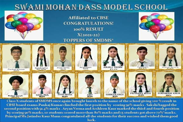 Read more about the article Swami Mohan Dass Model School gets excellent Results in Class X CBSE exams